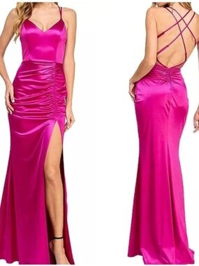 City Studio Fuchsia Satin Backless Ruched Slit Gown